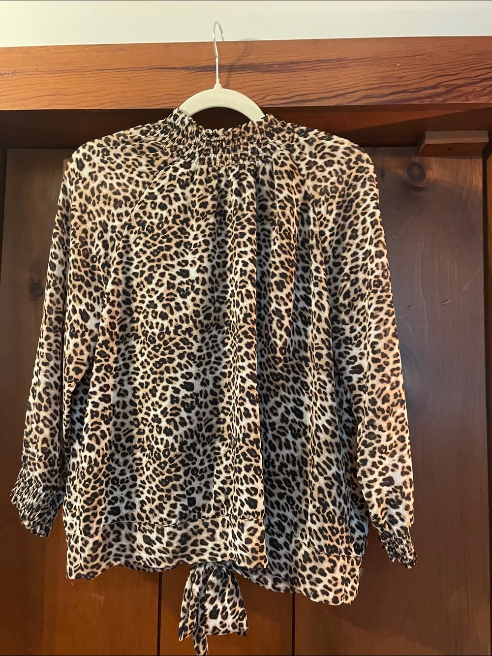 New York & Company Leopard Print Smocked Neck Blouse - Tan & Black